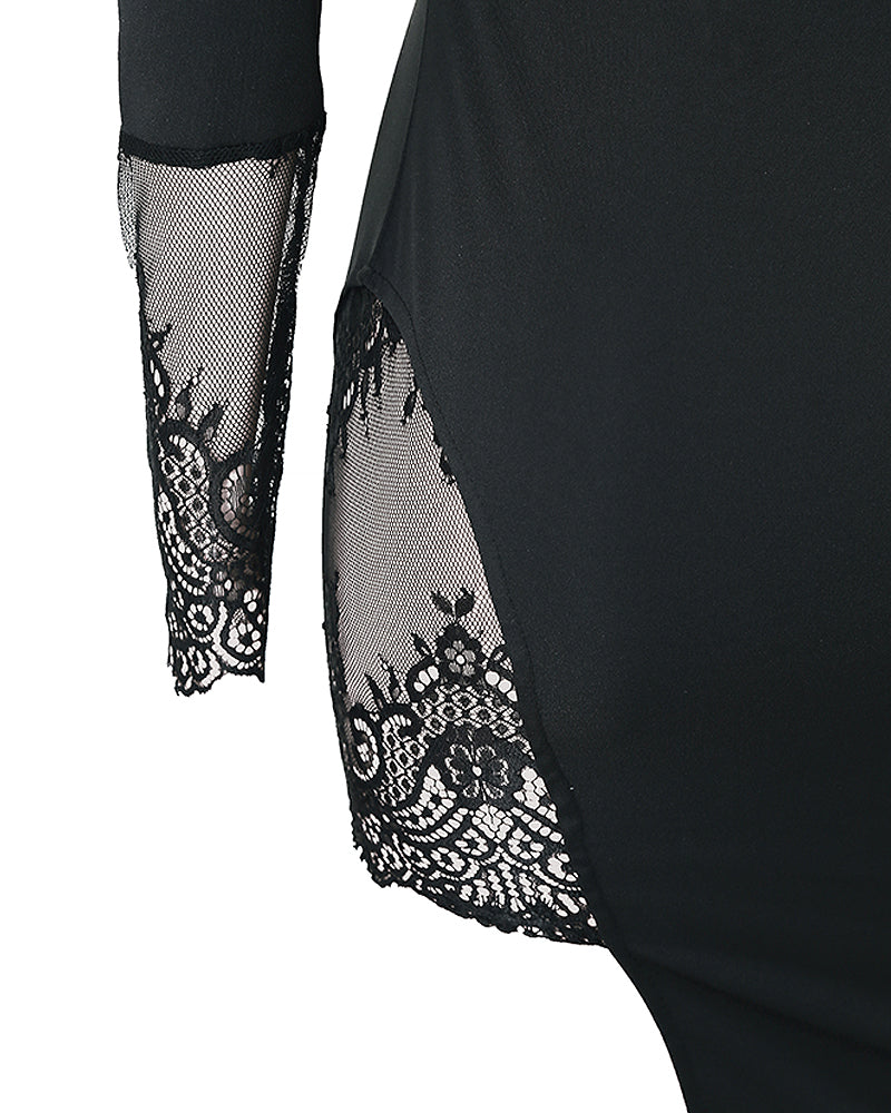 Womens One Shoulder Lace Insert Slit Bodycon Dress Cocktail Partywear