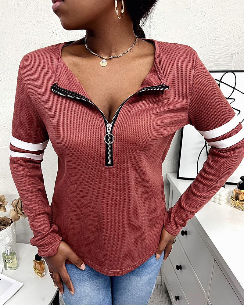 Striped Print Zipper Front Long Sleeve Top Waffle Knit Loose Fitting Tunic Tops