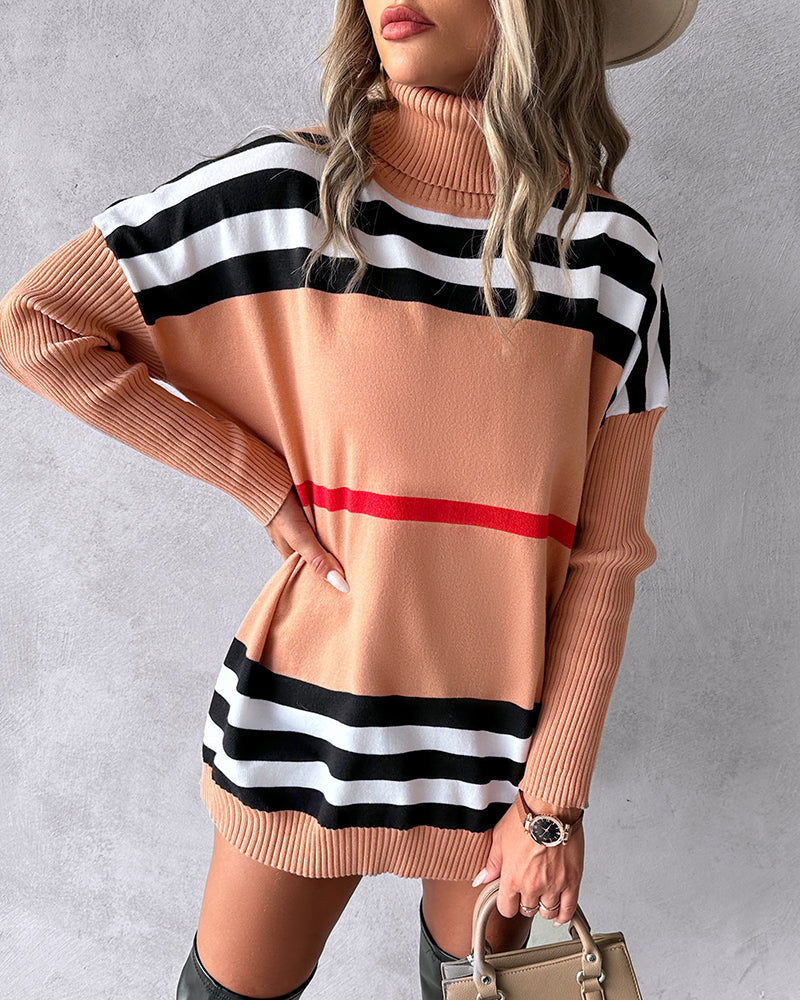 Striped Colorblock High Neck Knit Casual Sweater