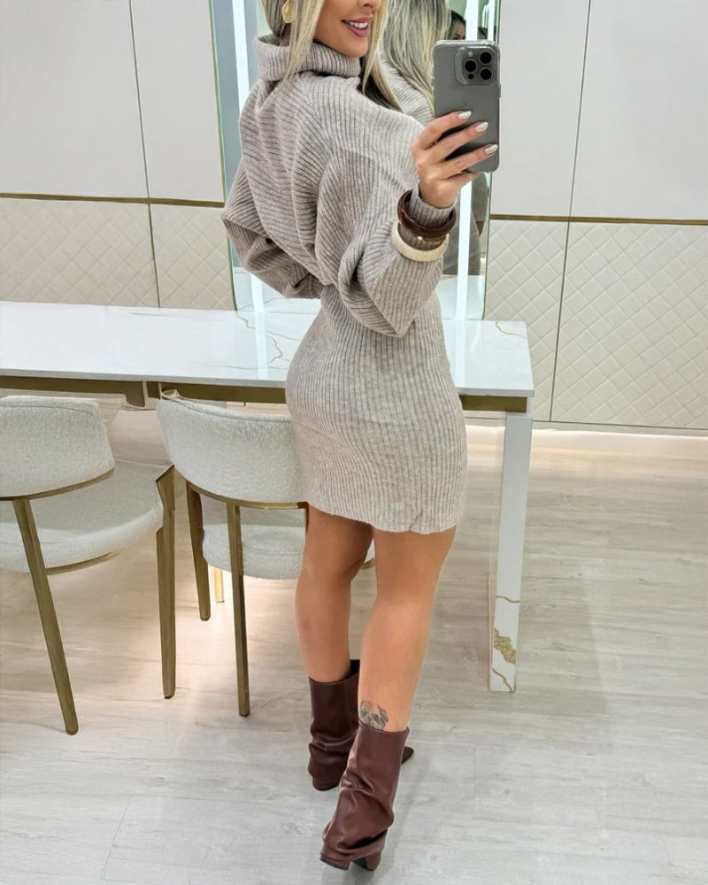 2 Pieces Outfit High Neck Batwing Sleeve Loose Top and Elastic Waist Slim Fit Skirt Set Casual Ribbed Set