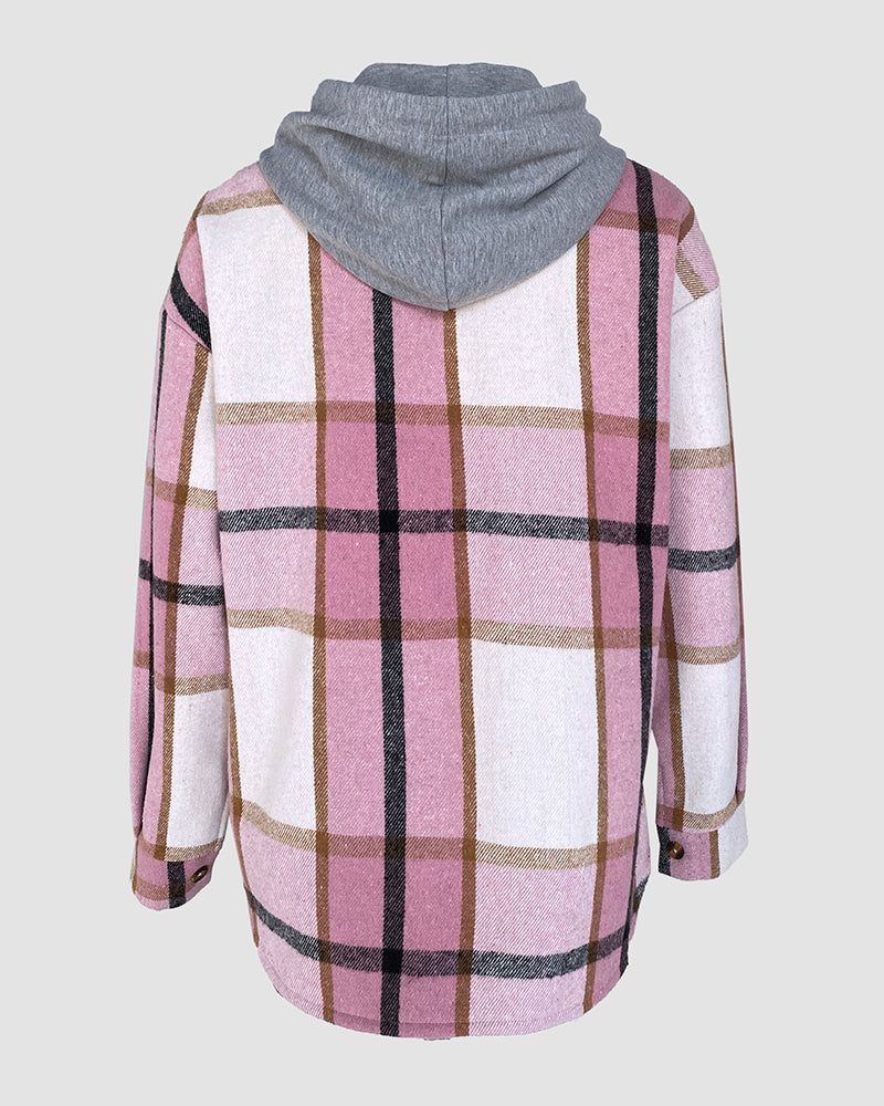 Plaid Print Long Sleeve Button Front Drawstring Hoodie Coat Casual Pocket Design Thermal Lined Shirt Coat
