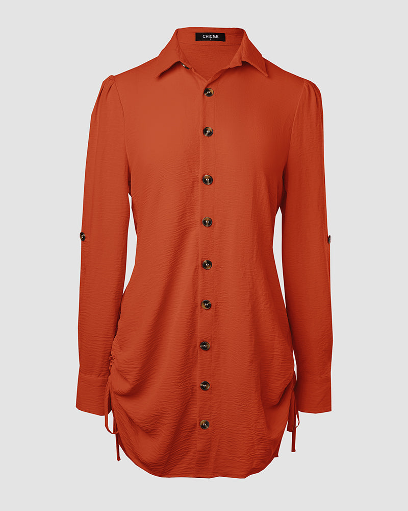 Button Down Shirt Dress Roll Tab Sleeve Side Drawstring Mini Dresses