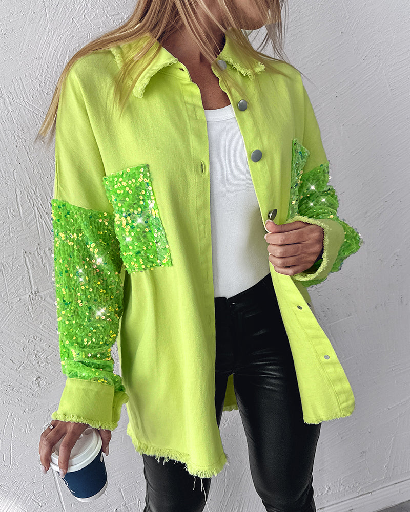 Casual Jacket Sequin Patchwork Long Sleeve Jacket Top Button Front Raw Hem Oversized Denim Shacket