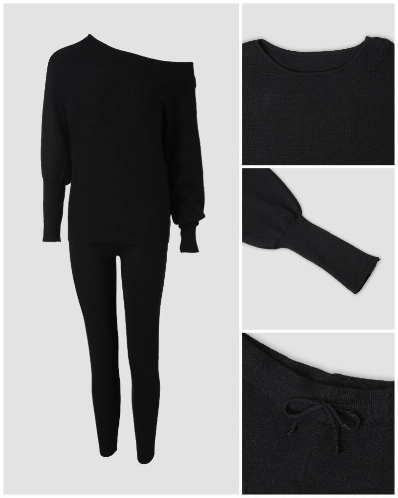 2 Pieces Outfit Skew Neck Long Sleeve Loose Pullover Top and Drawstring High Waist Slim Fit Pants Set