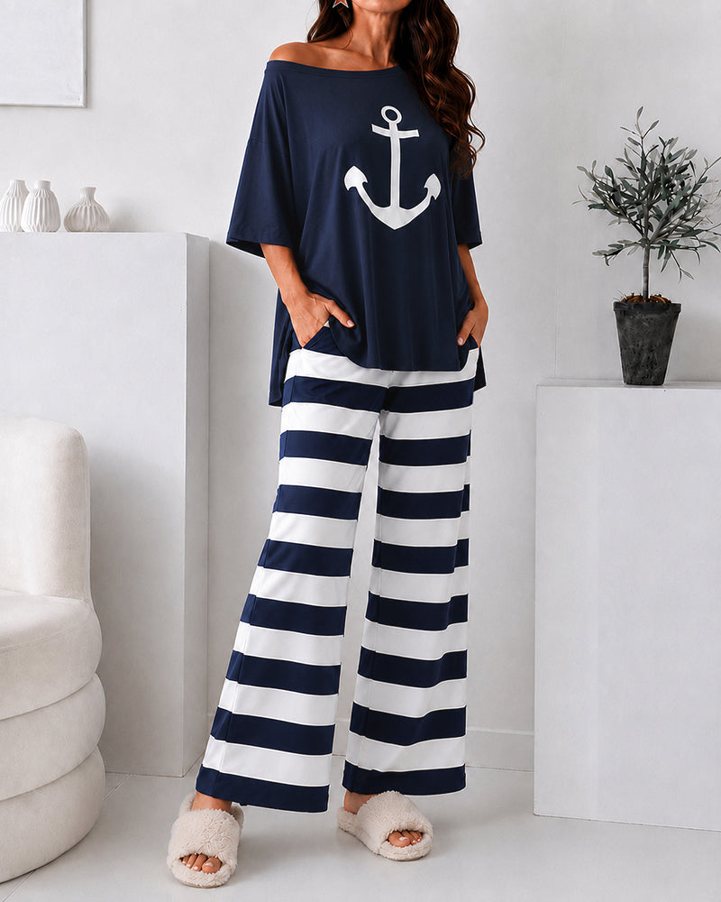Women's Loungewear Set Anchor Print Side Slit Top and Striped Straight Leg Pants Set Casual Pajamas Set with Pockets