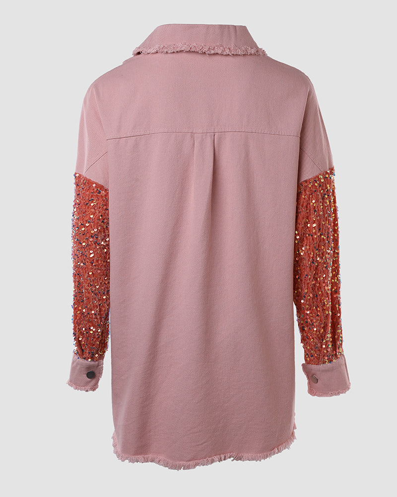 Casual Jacket Sequin Patchwork Long Sleeve Jacket Top Button Front Raw Hem Oversized Denim Shacket