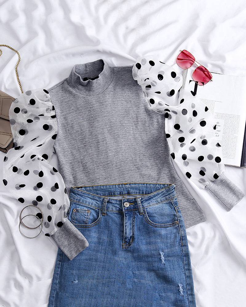 Dot Mesh Patch Mock Neck Puff Sleeve Blouse Casaul Pullover Knit Top