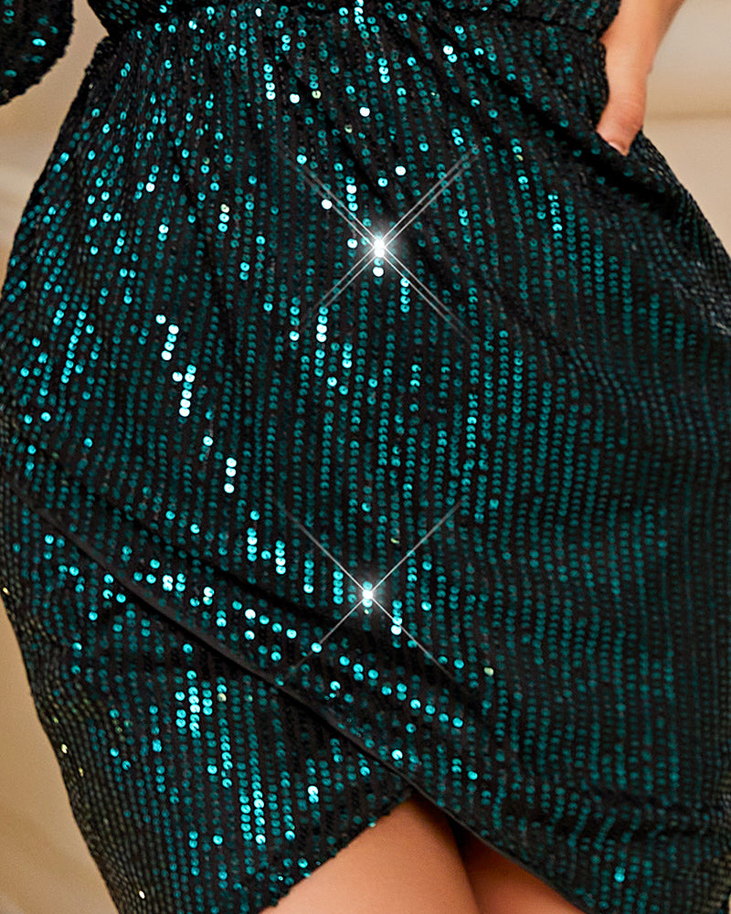 Long Sleeve Wrap Sequin Party Dress