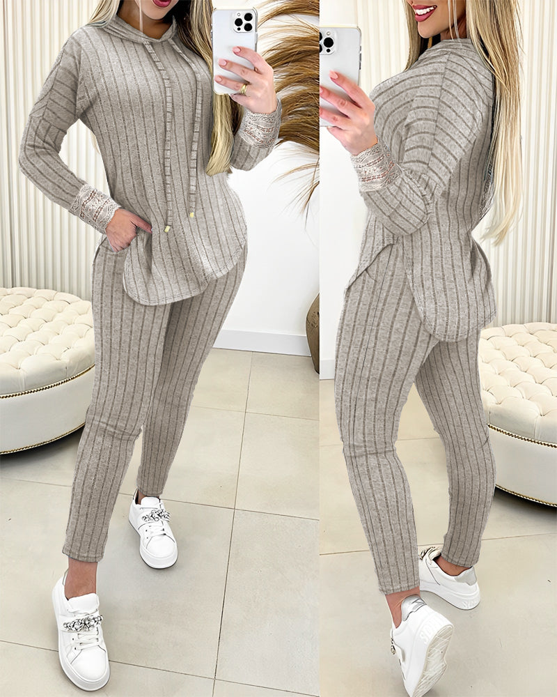 2 Pieces Outfit Drop Shoulder Lace Cuffs Asymmetrical Hem Drawstring Hoodie Top and Elastic Waist Slim Fit Pants Set Casual Brushed Ribbed Set