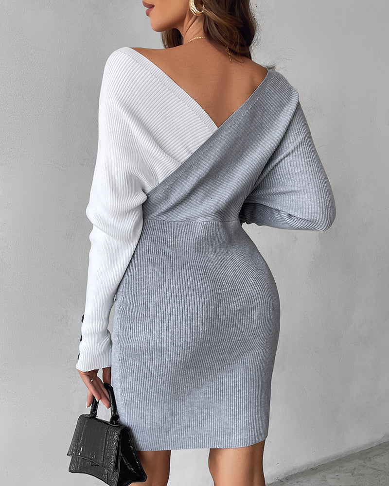 Chain & Button Decor Colorblock V-Neck Long Sleeve Knit Sweater Dress Slim Fit Midi Dress