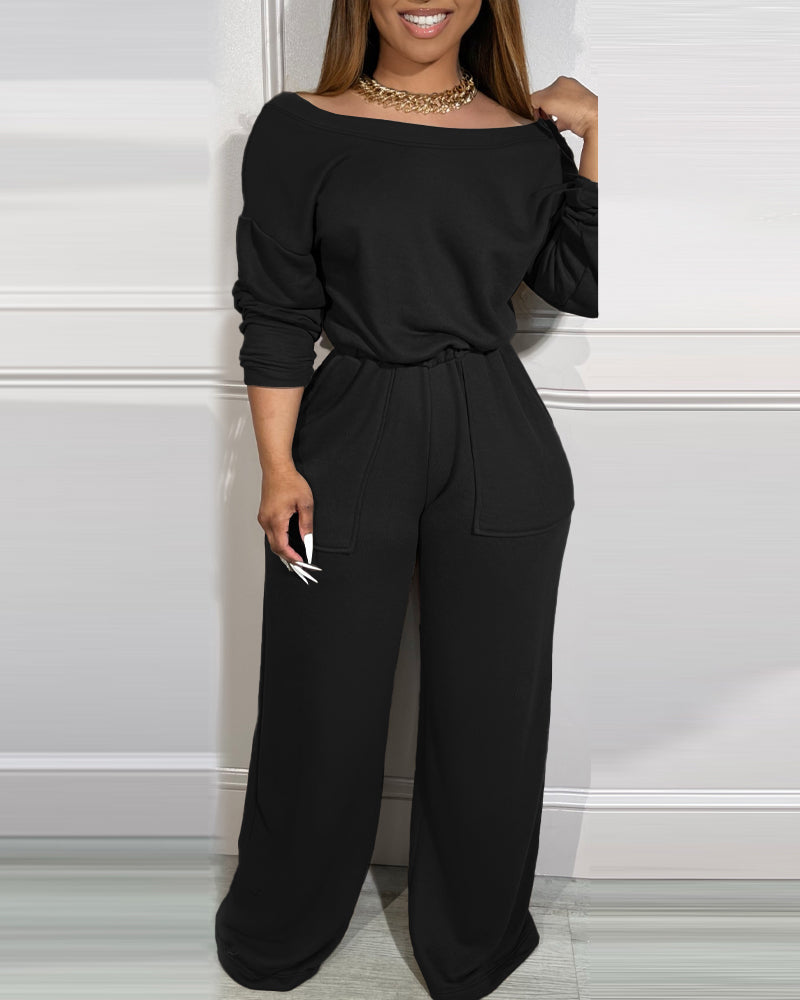 Off Shoulder V-Back Elastic Waist Pockets Design Jumpsuit Casual Drop Shoulder Cinched Waist Wide Leg Jumpsuit