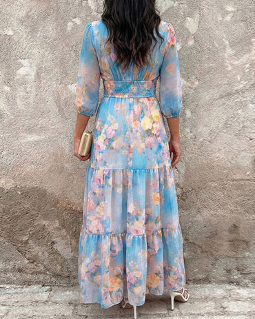 ChicMeLive Women's Watercolor Floral V-Neck Shirred High Waist Maxi Dress Three Quarters Lantern Sleeve A-Line Ruffle Hem Chiffon Vacation Dress