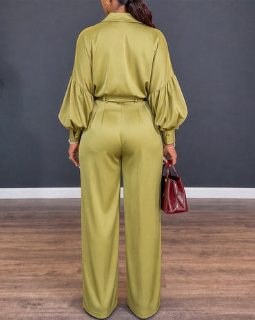 Women's Two Piece Satin Outfit Turn-down Collar Wrap Crop Shirt and Wide Leg Pants Set Elegant Matching Set