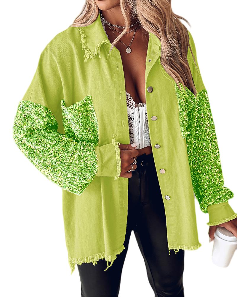 Casual Jacket Sequin Patchwork Long Sleeve Jacket Top Button Front Raw Hem Oversized Denim Shacket