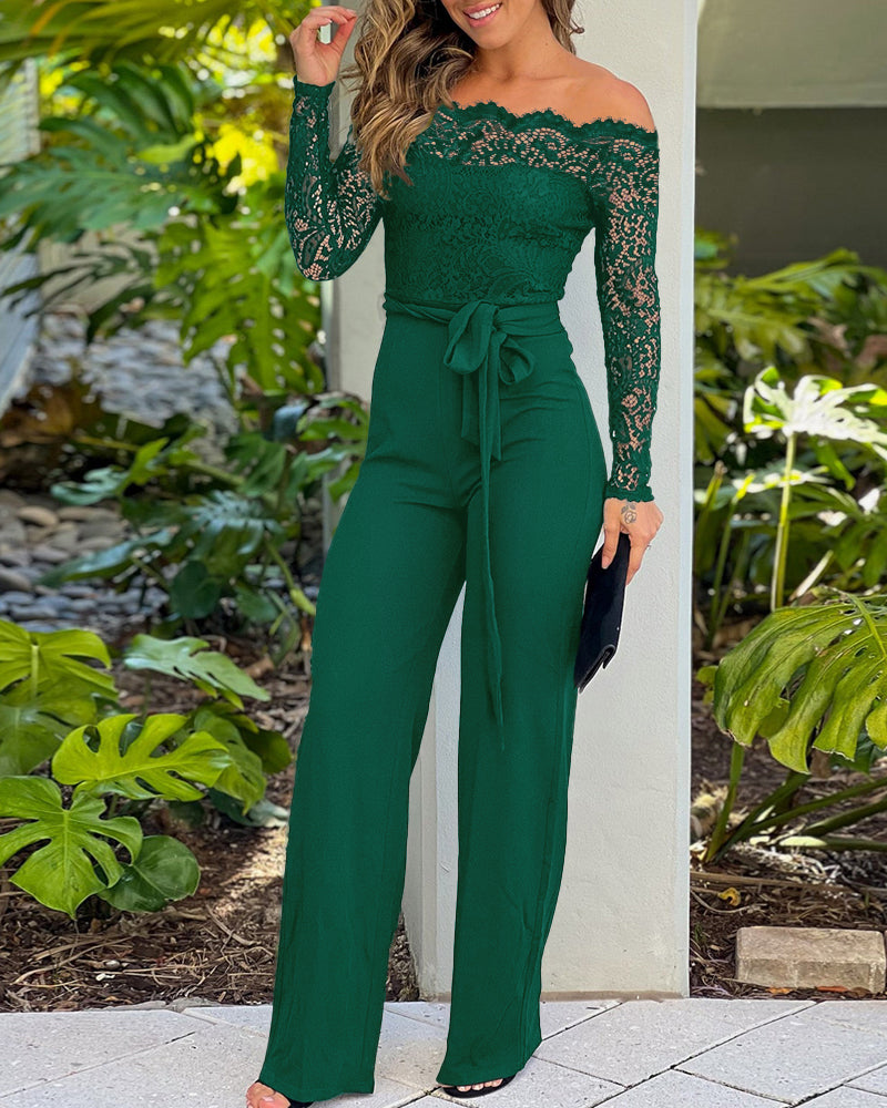 Off Shoulder Long Sleeve Eyelash Lace Spliced Slim Fit Overalls Casual Zipper Back Jumpsuit with Belt