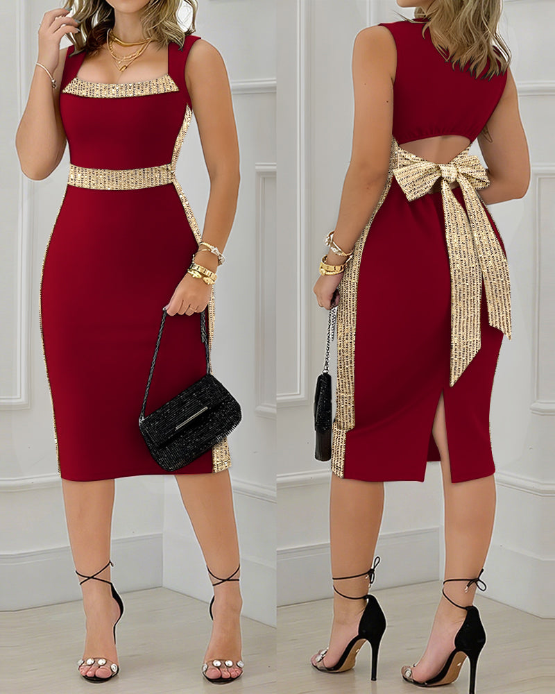 Square Neck Sleeveless Hollow-out Bowknot Mid-Calf Slit Dress