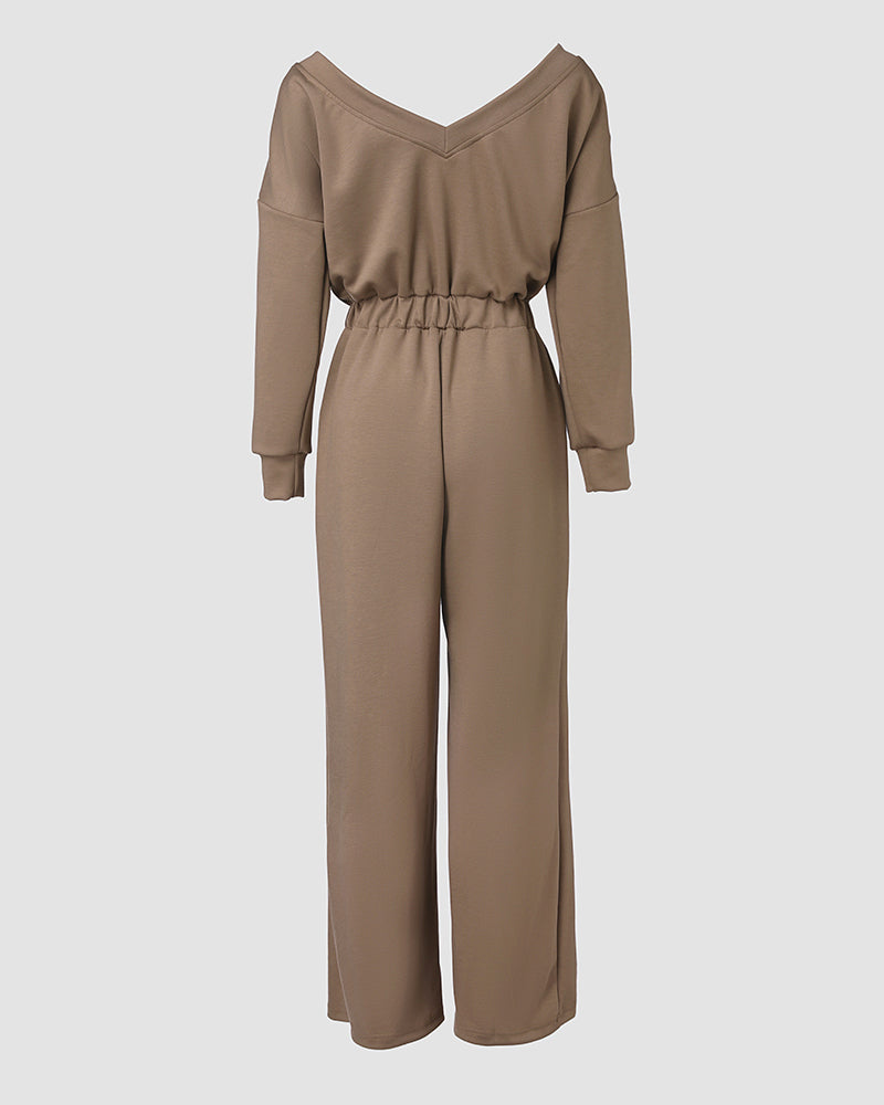 Off Shoulder V-Back Elastic Waist Pockets Design Jumpsuit Casual Drop Shoulder Cinched Waist Wide Leg Jumpsuit