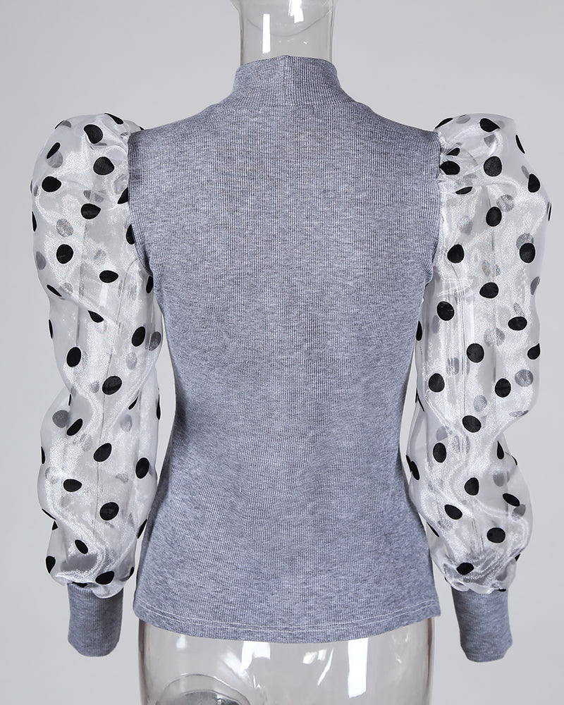 Dot Mesh Patch Mock Neck Puff Sleeve Blouse Casaul Pullover Knit Top