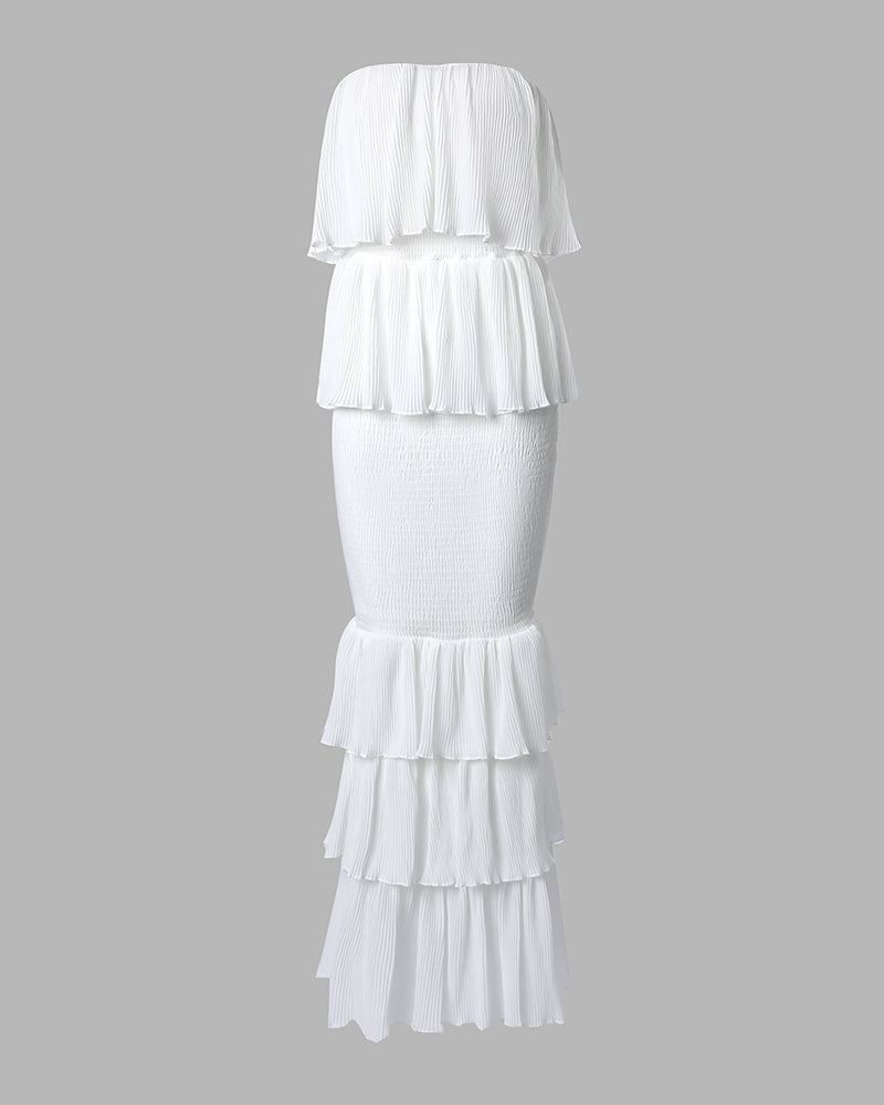 Layered Ruffle Shirred Slim Fit Strapless Dress Textured Maxi Party Dress