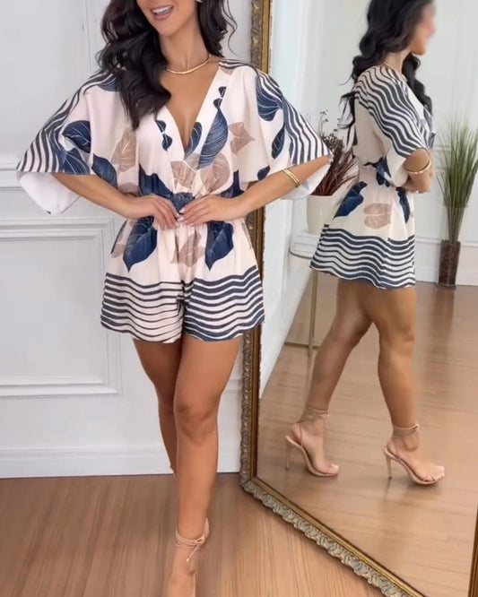 Tropical Leaves Print Overlap V Neck Batwing Sleeve High Waist Romper Casual Striped Spliced Backless Tie Back Shirred Waist Vacation Romper