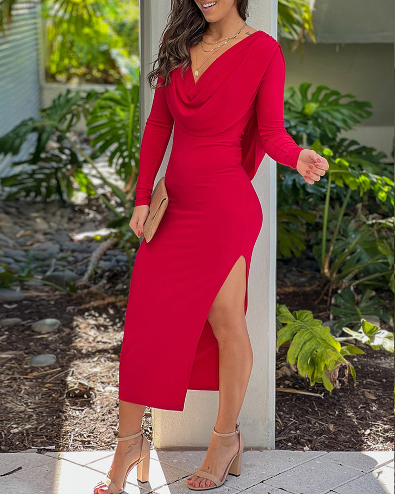 Backless Cowl Neck Long Sleeve Slit Dress Casual Back Lace Up Slim Fit Party Dress