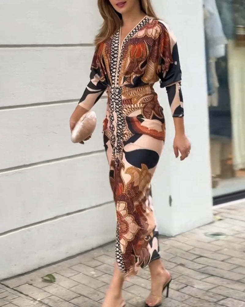 Vintage Baroque Deep V Neck Long Sleeve Slit Bodycon Dress Ruched Slim Fit Vacation Dress