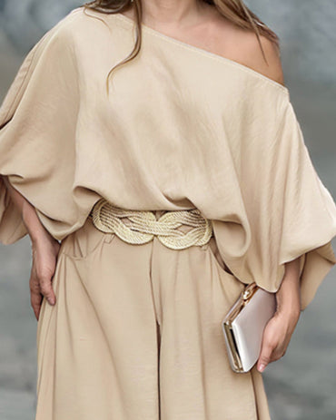 2 Pieces Outfit Turn-down Coll Long Sleeve Button Front Satin Shirt and Casual Vintage Floral Print Elastic Back Waist Wide Leg Pants Set without Belt