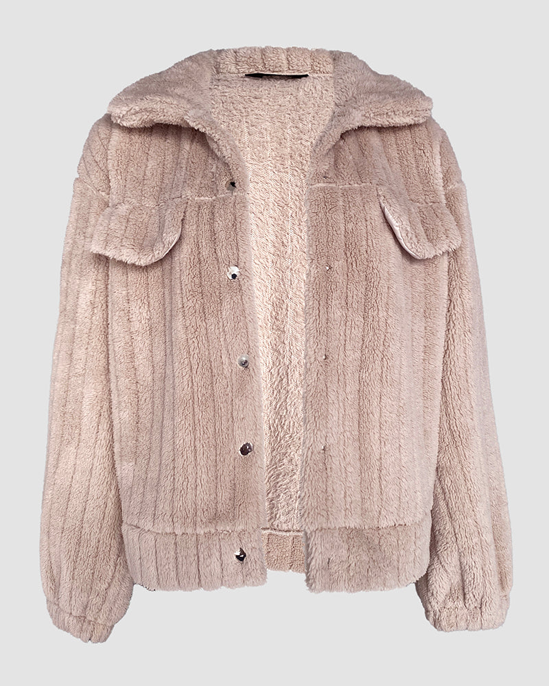 Textured Striped Turn-down Collar Button Front Elastic Cuff and Hem Teddy Fleece Jacket With Decorative Flap Pockets
