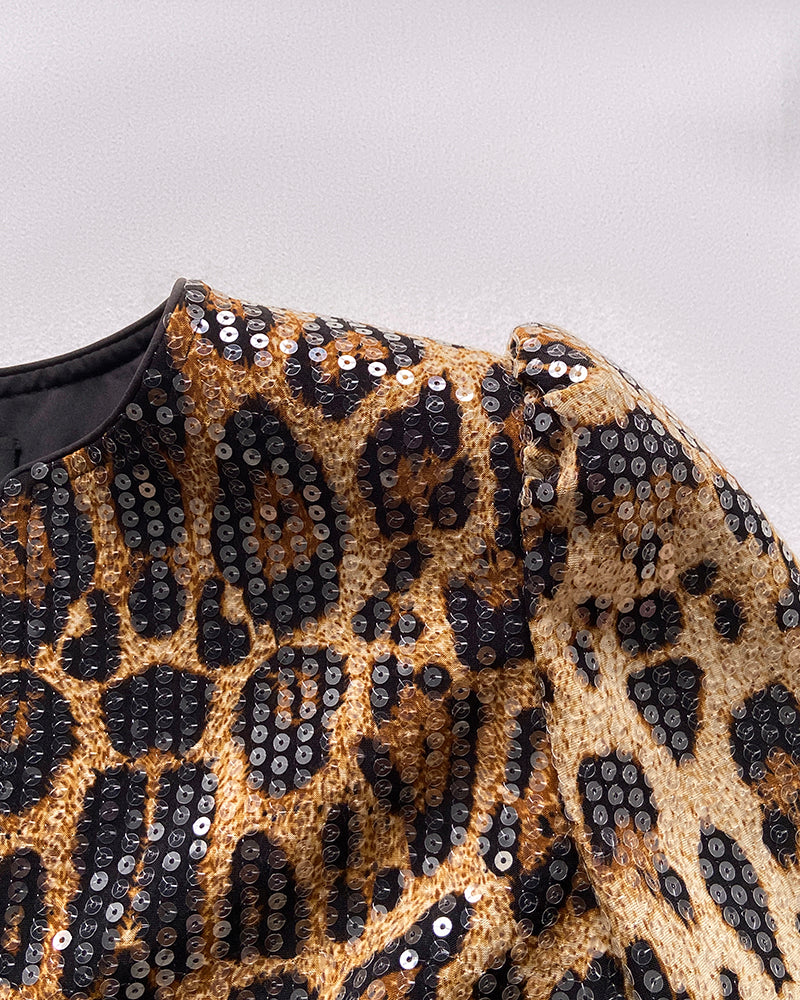 Allover Sequin Leopard Print Puff Sleeve Open Front Slim Fit Jacket Casual Crop Coat
