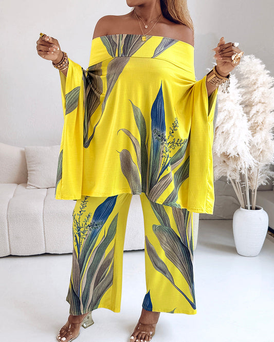 2 Pieces Outfit Plants Print Cold Shoulder Batwing Sleeve Top and Casual Wide Leg Pants Set