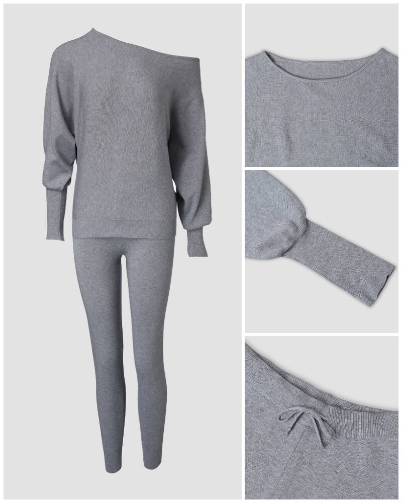 2 Pieces Outfit Skew Neck Long Sleeve Loose Pullover Top and Drawstring High Waist Slim Fit Pants Set