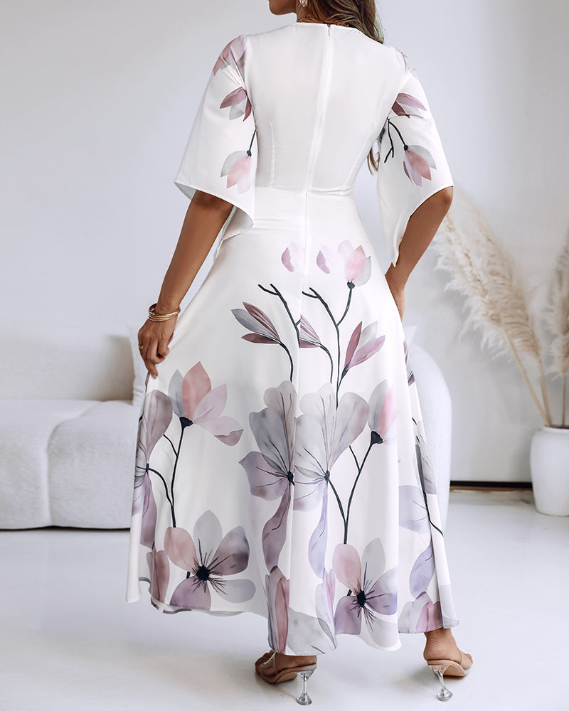 Floral Placement Print Deep V Neck Bell Sleeve Vacation Dress Casual Zipper Back Cinched Waist Maxi Dress With Lining