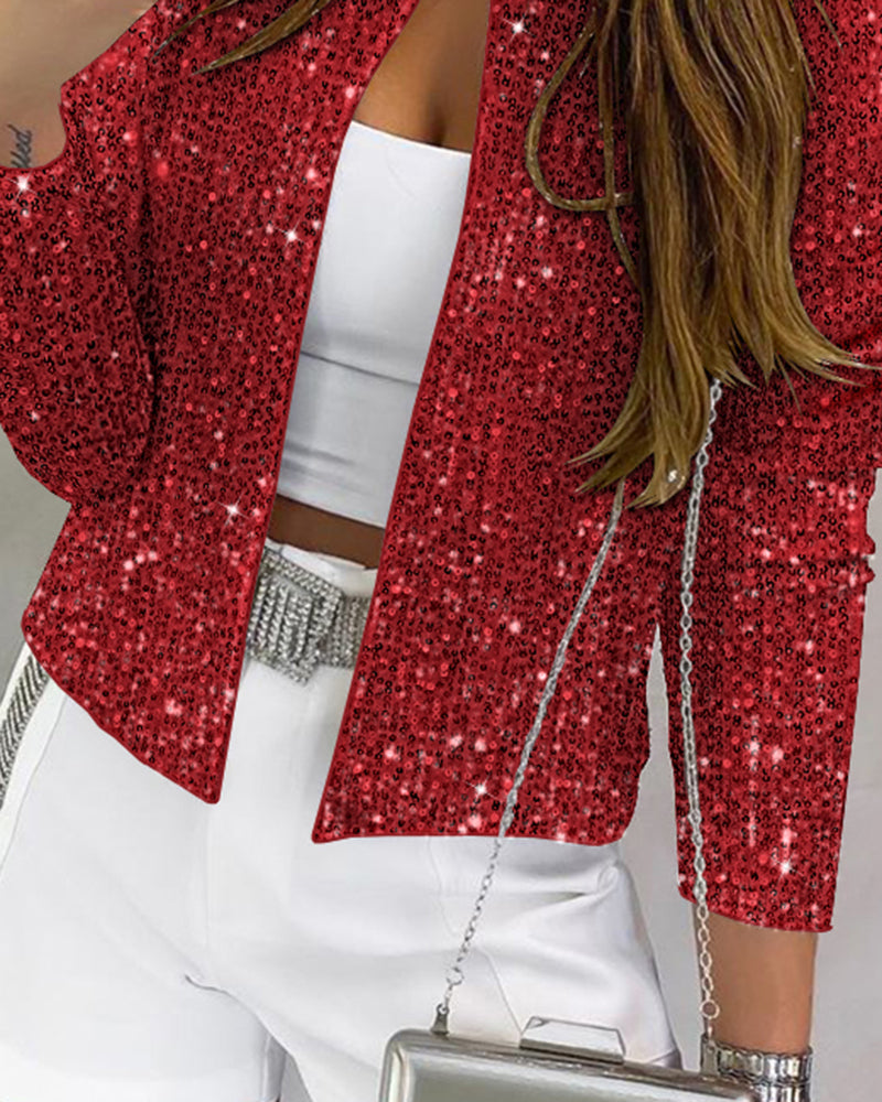 Sparkly Sequin Open Front Puff Sleeve Blazer Coat
