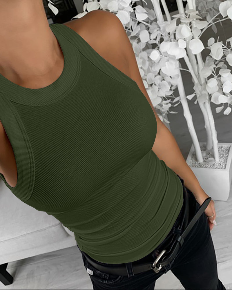 2-Pack Round Neck Thick Strap Racerback Ribbed Tank Slim Fit Tops without Bra Pads