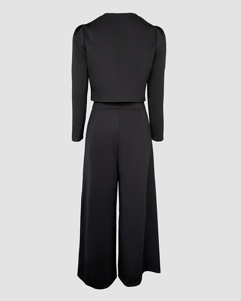 2 Pieces Outfit Metal Decor Square Neck Thick Strap Zipper Back Cinched Waist Wide Leg Jumpsuit And Casual Crop Cardigan Set