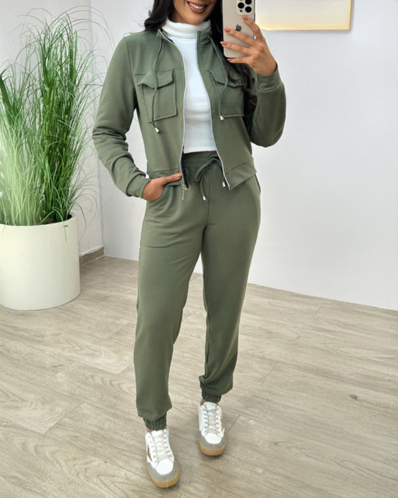 Stand Collar Long Sleeve Pocket Dec Zipper Top and Casual Elastic Waist Drawstring Pants Sets