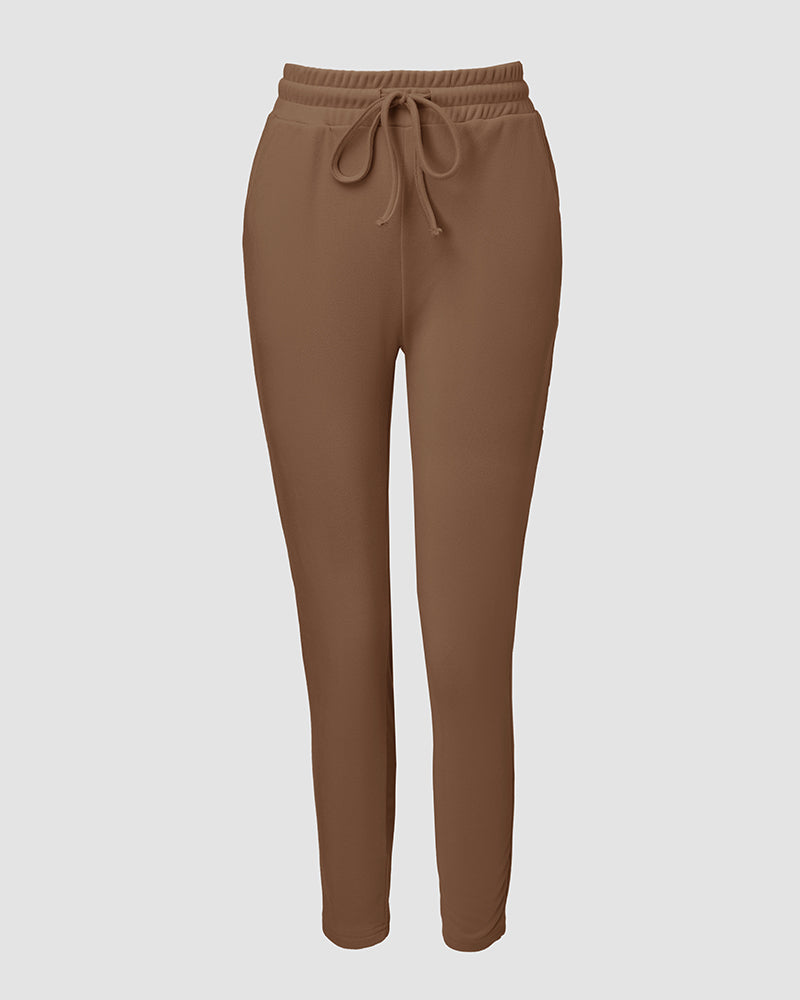 2 Pieces Outfit Long Sleeve Skew Neck Pullover Top and Drawstring Elastic Waist Slim Fit Pants Set