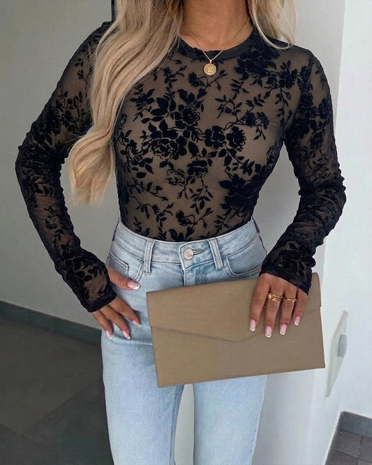 Women's Mesh Flocked Floral Top Lined Sheer Long Sleeve Tee Crewneck Slim Fit Layering Under Base Top with Thumbholes