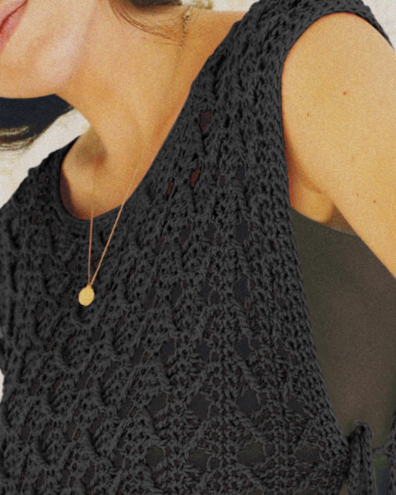Round Neck Sleeveless Hollow-out Crochet Sweater Casual Tie Side Breathable Crop Top