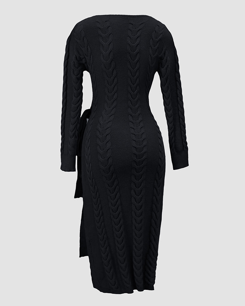 Cable Textured Overlap Deep V-Neck Long Sleeve Mid-Length Dress Tie Waist Slim Fit Knit Dress