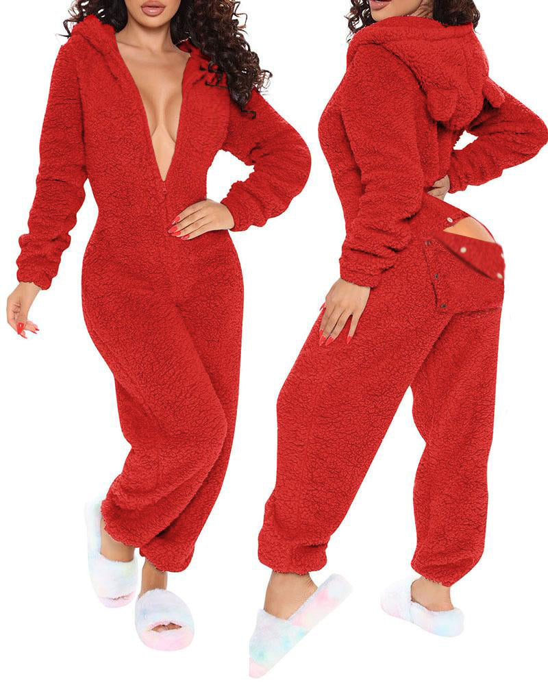 3D Ear Buttoned Flap Functional Fluffy Lounge Jumpsuit