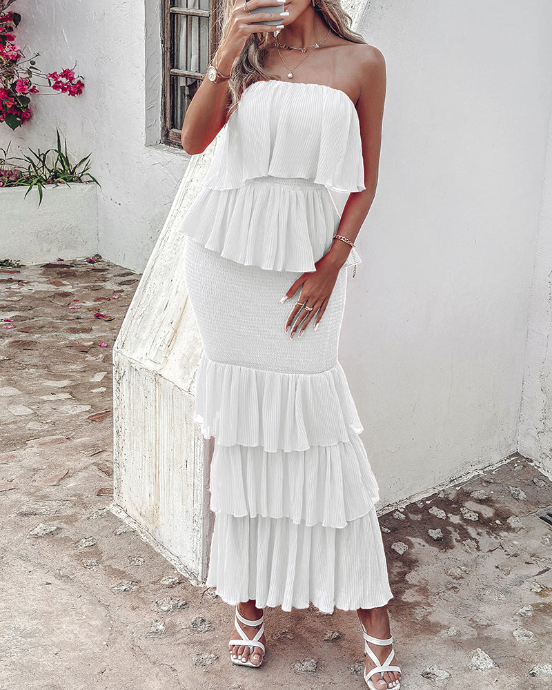 Layered Ruffle Shirred Slim Fit Strapless Dress Textured Maxi Party Dress