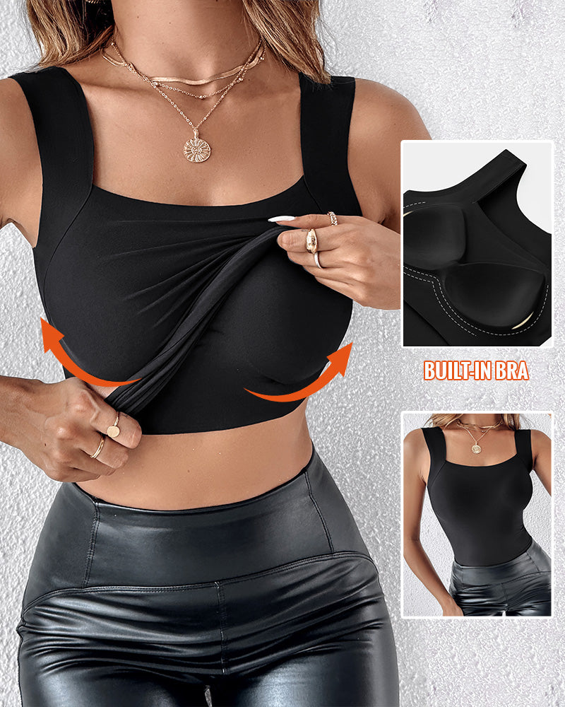 U-Neck Sleeveless Tank Seamless Skinny Layering Top with Built-In Bra
