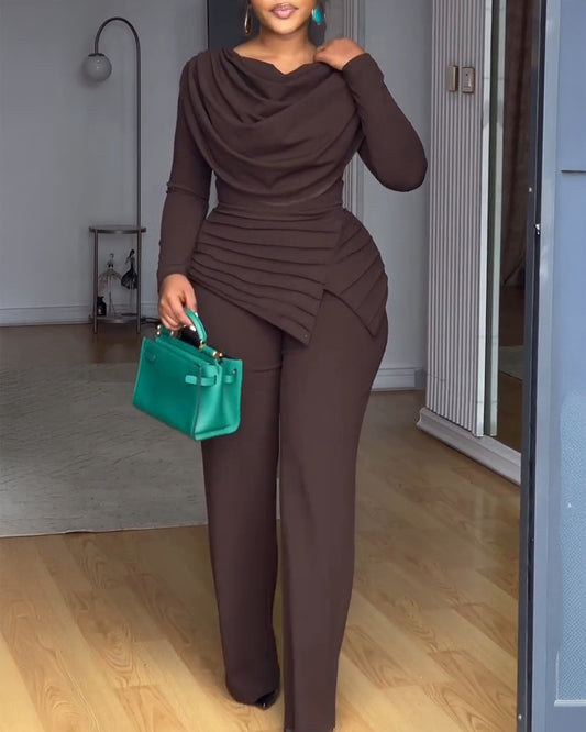 Cowl Neck Asymmetrical Textured Patchwork Cinched Waist Jumpsuit Casual Zipper Back Wide Leg Jumpsuit
