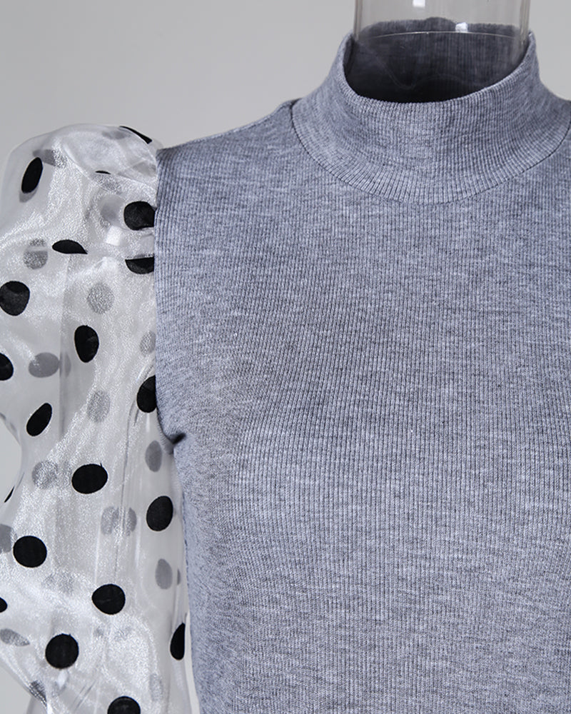 Dot Mesh Patch Mock Neck Puff Sleeve Blouse Casaul Pullover Knit Top