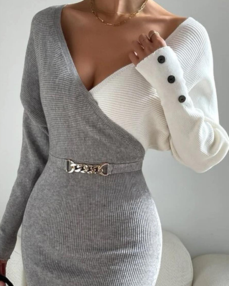Chain & Button Decor Colorblock V-Neck Long Sleeve Knit Sweater Dress Slim Fit Midi Dress