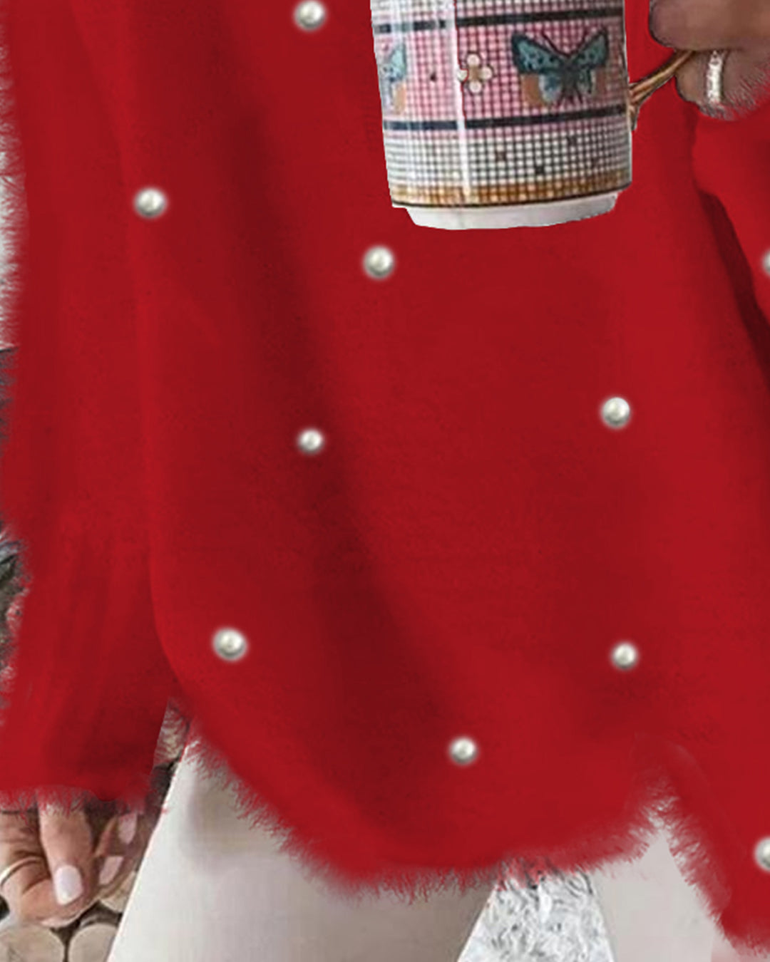 V-Neck Long Sleeve Beaded Decor Oversized Sweater Fluffy Pullover Top