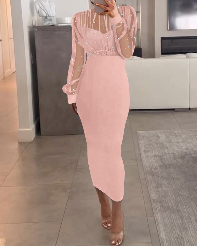 Mock Neck Sheer Mesh Spliced Beaded Bodycon Dress Zipper Back Slit Party Dress