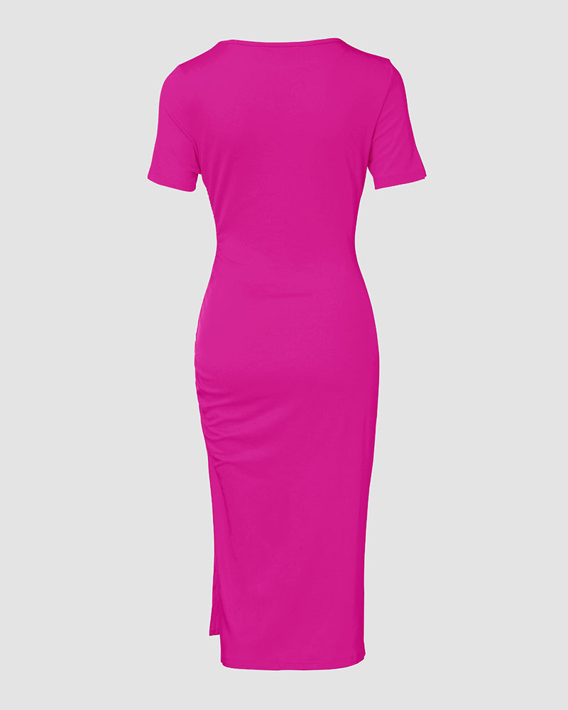 O-neck Short Sleeve Solid Color Cut-Out Ruched Drawstring Bodycon Dress with Side Slit