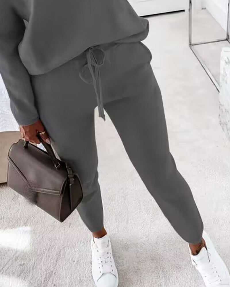 2 Pieces Outfit Long Sleeve Skew Neck Pullover Top and Drawstring Elastic Waist Slim Fit Pants Set